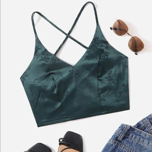 SHEIN Tops - 🦖4 for $25 NWOT Dark Green Shein Satin Lace Up Backless Crop Top, Women's S